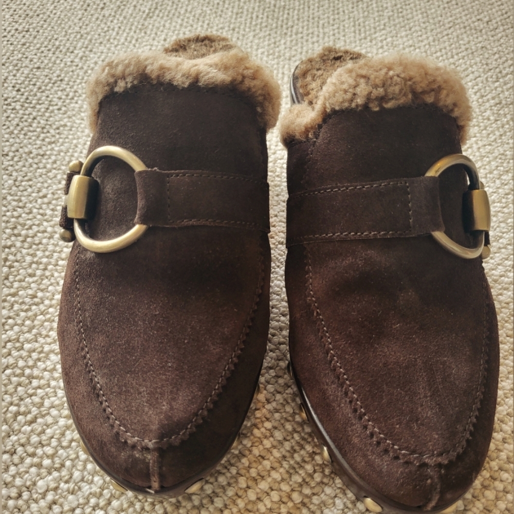 Stuart Weitzman Faux Fur-lined Suede Mules, sz 8